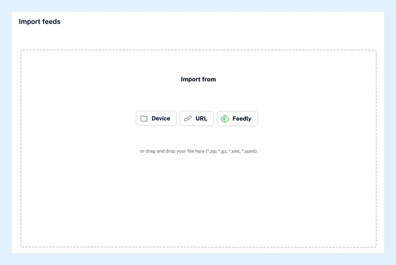 Trang Nhập nguồn cấp trong Inoreader với các tùy chọn Thiết bị, URL và Feedly phía trên vùng thả tệp