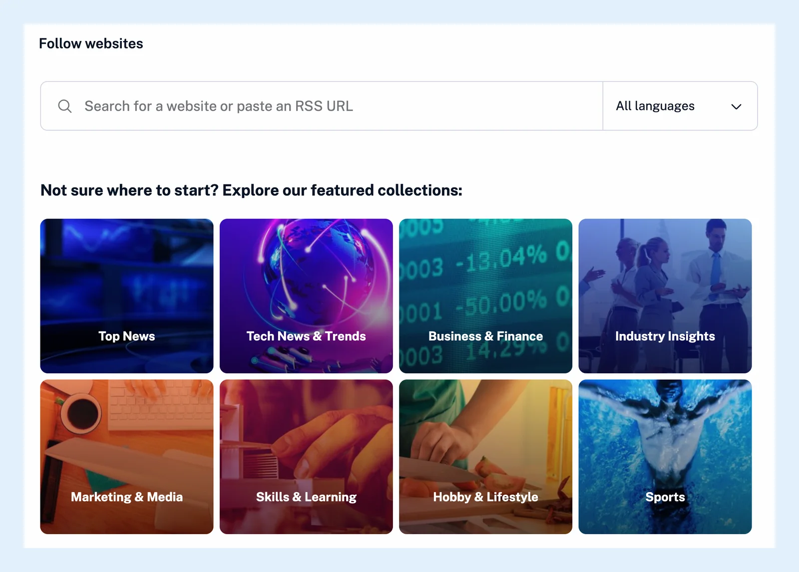 Tìm kiếm trang web trong Inoreader với các bộ sưu tập nổi bật được liệt kê bên dưới ô tìm kiếm