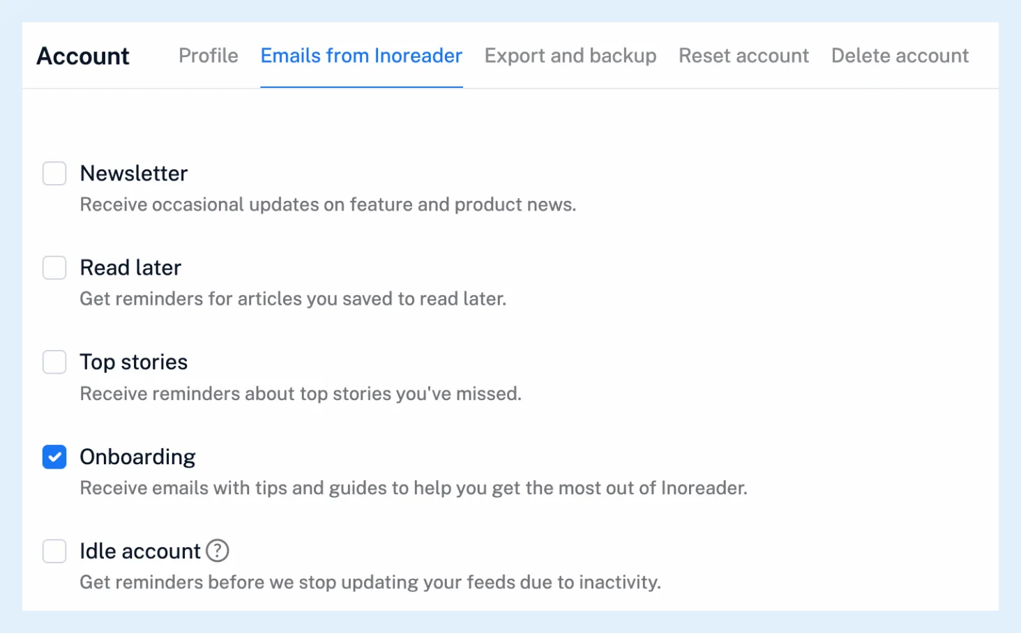 Thẻ Email từ Inoreader trong phần cài đặt tài khoản của Inoreader với hộp kiểm lời nhắc Đọc sau.
