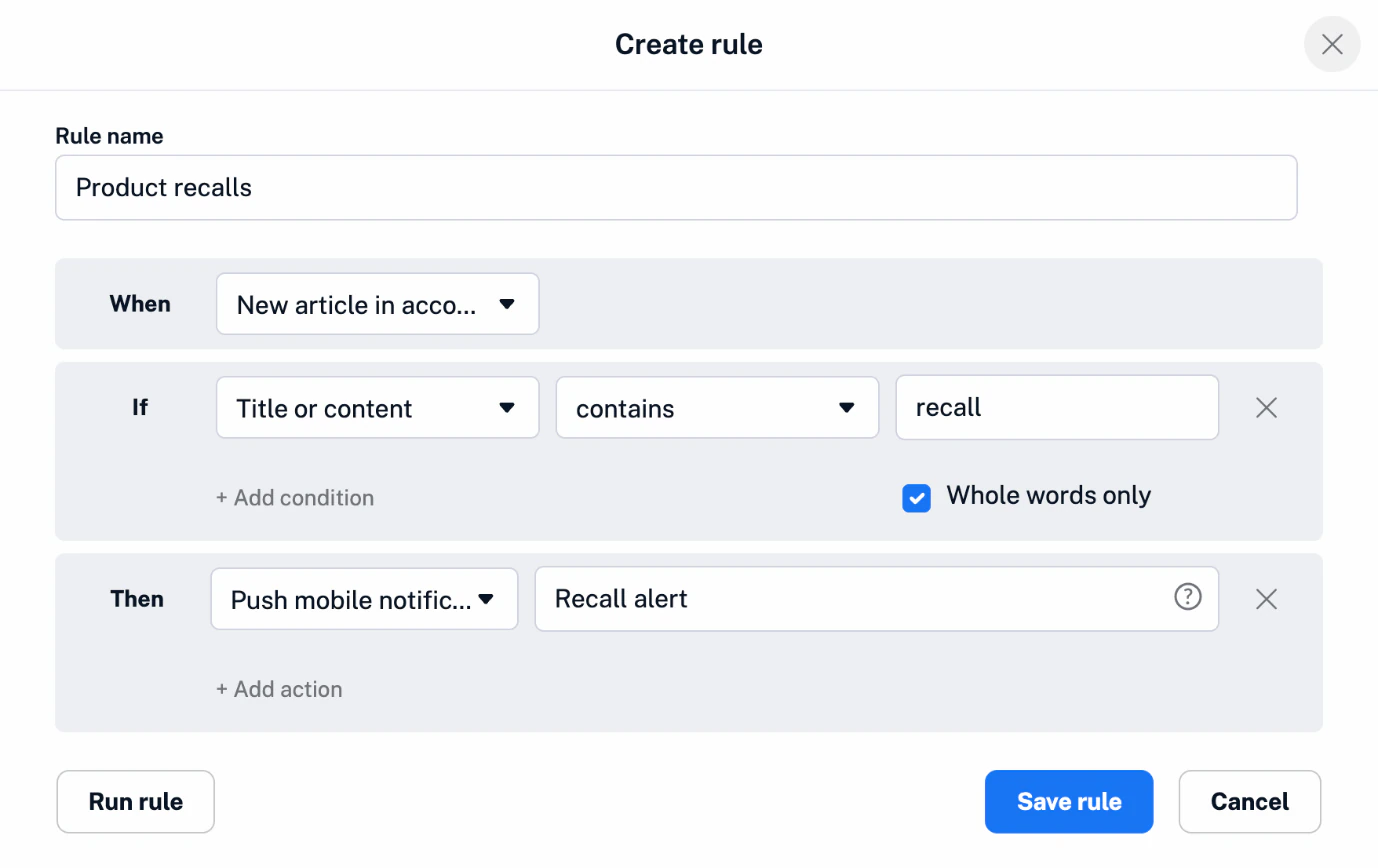 A rule in Inoreader that sends a push notification with the prefix Recall alert for every new article that mentions a recall