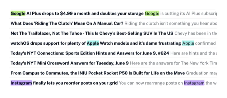 An article list in Inoreader with company and product names colored by spotlights
